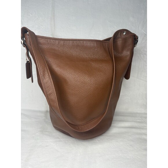 COACH Duffle Bag Bucket Feed Bag Sac Camel Brown Leather XL VHTF Gorgeous Pebble - Picture 1 of 10